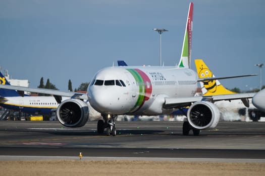 Lisbon, Portugal - September 2, 2023: TAP Portugal Airbus A321-251N passenger plane taxi on runway in Humberto Delgado Airport in Lisbon