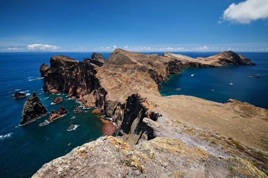 Madeira Island scenic rugged landscape - Ponta do Sao Lourenco cape, Miradouro do Abismo viewpoint. Madeira, Portugal