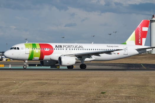Lisbon, Portugal - September 2, 2023: TAP Portugal Airbus A321-251N passenger plane taxi on runway in Humberto Delgado Airport in Lisbon