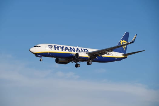 Lisbon, Portugal - September 2, 2023: Ryanair Boeing 737-8AS passenger plane landing in Humberto Delgado Airport in Lisbon