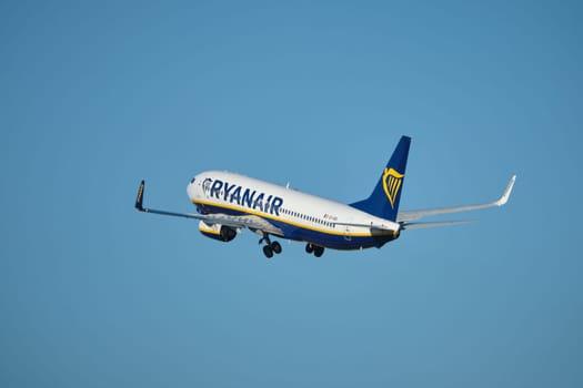Lisbon, Portugal - September 2, 2023: Ryanair Boeing 737-8AS passenger plane take off in Humberto Delgado Airport in Lisbon