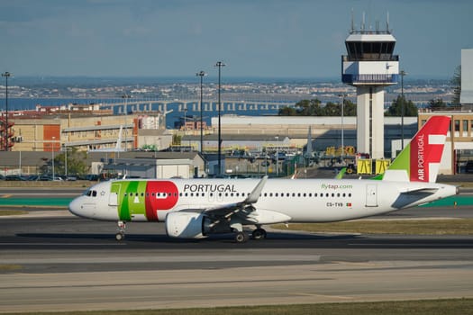 Lisbon, Portugal - September 2, 2023: TAP Air Portugal Airbus A321-251N passenger plane taxi on runway in Humberto Delgado Airport in Lisbon