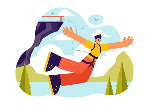 Bungee Jumping Vector Illustration featuring a Person Falling from a Great Height with an Elastic Rope in an Extreme Sport Flat Cartoon Background