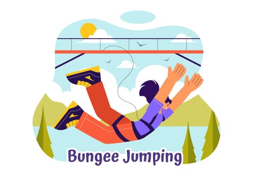 Bungee Jumping Vector Illustration featuring a Person Falling from a Great Height with an Elastic Rope in an Extreme Sport Flat Cartoon Background