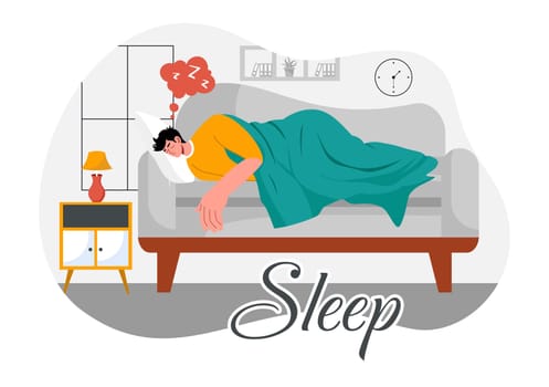 Sleep Vector Illustration of a Happy Young Person Soundly Sleeping and Enjoying Sweet Dreams in a Healthcare Flat Style Cartoon Background