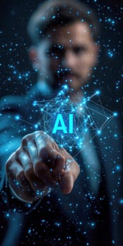 Businessman touches blue AI letters  in cloud. AI generative.