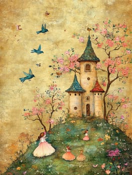 Little girls playing in the garden,in the sky birds and in the distance you can see the house.AI generative.