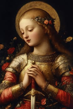 Joan of Arc, set against a dark background adorned with subtle flowers.  AI generative.