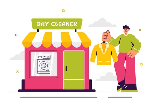 Dry Cleaning Store Service Vector Illustration featuring Washing Machines, Dryers, and Laundry Services for Clean and Fresh Clothing in a Background