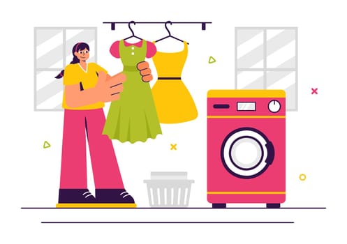 Dry Cleaning Store Service Vector Illustration featuring Washing Machines, Dryers, and Laundry Services for Clean and Fresh Clothing in a Background