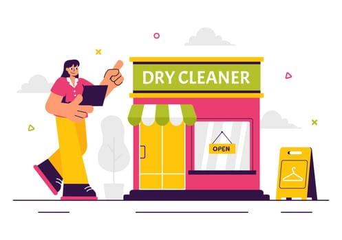 Dry Cleaning Store Service Vector Illustration featuring Washing Machines, Dryers, and Laundry Services for Clean and Fresh Clothing in a Background