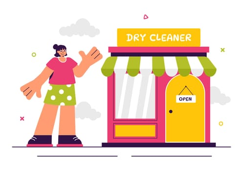 Dry Cleaning Store Service Vector Illustration featuring Washing Machines, Dryers, and Laundry Services for Clean and Fresh Clothing in a Background