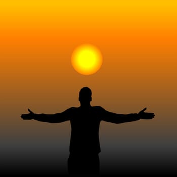 Man enjoy life standing outside with his hands raised towards sunrise sky