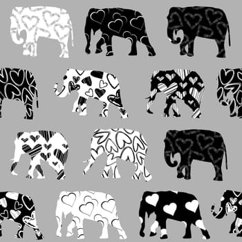 Composition in black and white with elephants with heart shaped prints