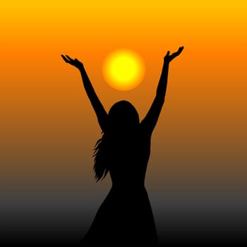 Woman enjoy life standing outside with her hands raised towards sunrise sky