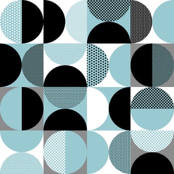 Geometric seamless pattern with abstract circle, square and dots. Blue, black and white color Bauhaus background