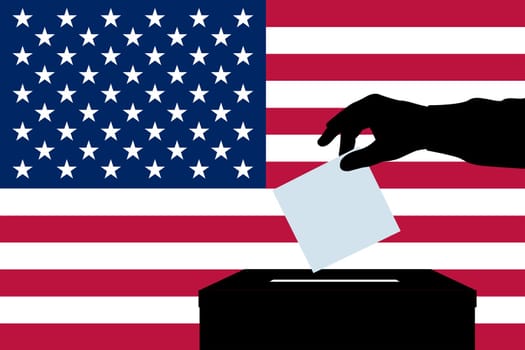 Silhouette of voter man putting ballot into voting box over USA flag background. USA citizen participation in voting