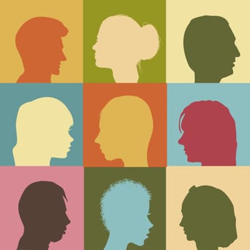 Vintage geometrical poster with profiles of women and men