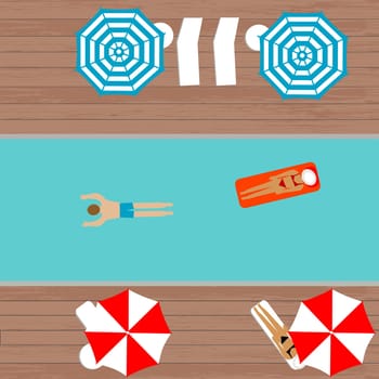Top view of a swimming pool with people swimming or sitting on sunbeds to tan