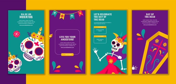 Dia de Los Muertos Festival Social Media Stories in Hand-Drawn Flat Cartoon Style