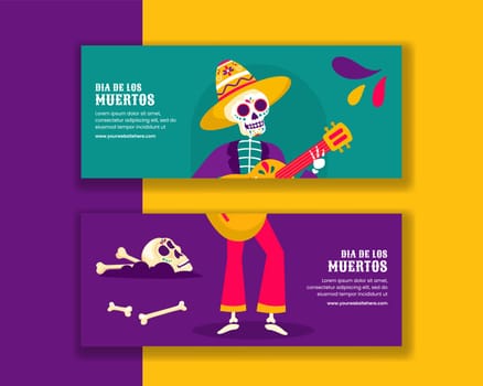 Dia de Los Muertos Festive Template for Horizontal Banner in Flat Hand Drawn Cartoon Style