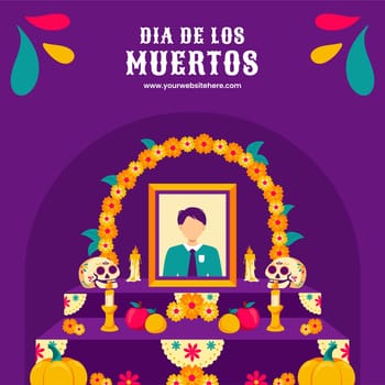 Dia de Los Muertos Festive Template for Social Media Background in Flat Hand Drawn Cartoon Style