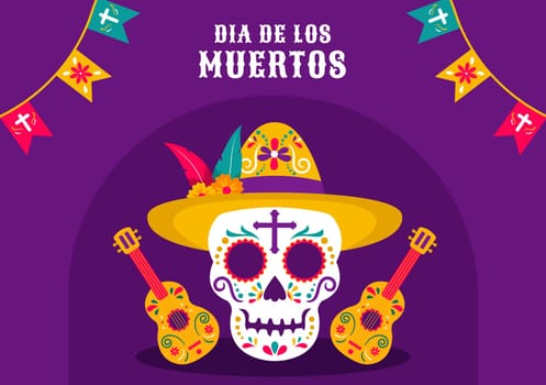Dia de Los Muertos Festive Template for Social Media Background in Flat Hand Drawn Cartoon Style