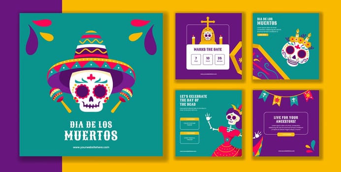 Dia de Los Muertos Celebration Post with Festive Cartoon Background for Social Media