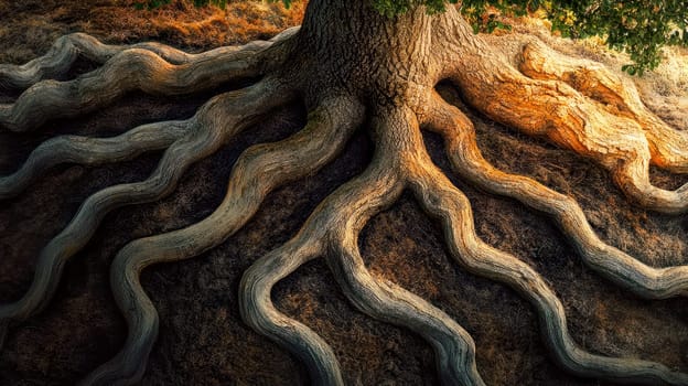 Old tree with large trunk and big roots above the ground.  Close up view of the base of the tree in forest. AI generated