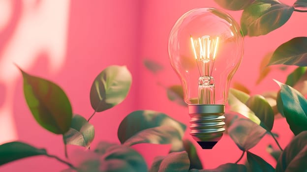 Glowing light-bulb with green plants as a concept of eco energy. AI generated