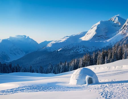 Snow igloo in mountainous winter landscape