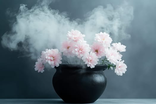 Incense burning in an incense burner clay bowl with pink flowers. Spiritual practices, meditation. AI generated