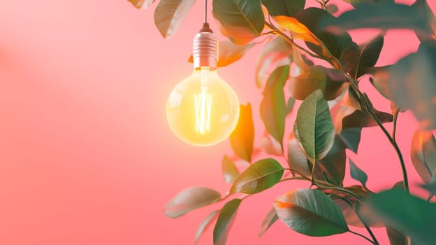 Pendant light-bulb with green plants as a concept of eco energy. AI generated