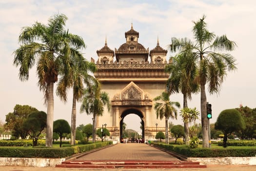 View onto the Patuxai Monument, a war monument in the city center of Vientiane, Laos 2023