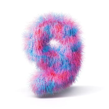 Blue pink fur font Number 9 NINE 3D rendering illustration isolated on white background