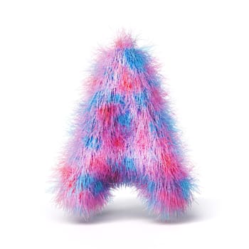 Blue pink fur font Letter A 3D rendering illustration isolated on white background