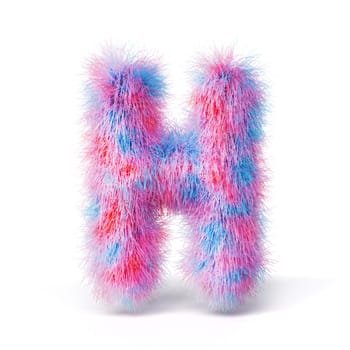 Blue pink fur font Letter H 3D rendering illustration isolated on white background
