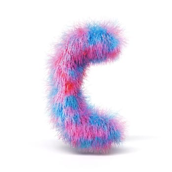 Blue pink fur font Letter C 3D rendering illustration isolated on white background