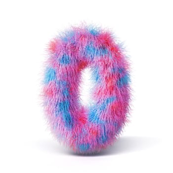 Blue pink fur font Number 0 ZERO 3D rendering illustration isolated on white background