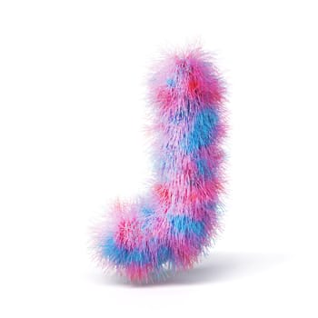 Blue pink fur font Letter J 3D rendering illustration isolated on white background