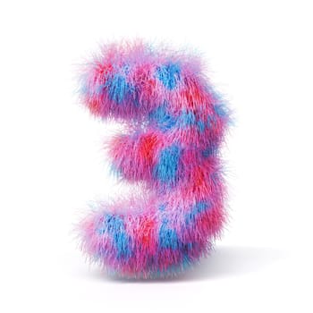 Blue pink fur font Number 3 THREE 3D rendering illustration isolated on white background