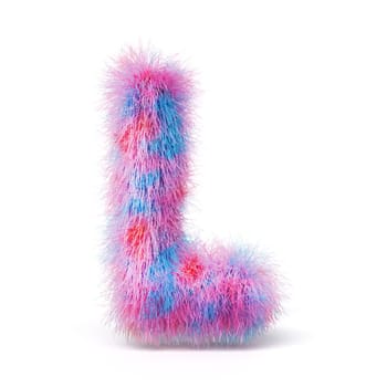 Blue pink fur font Letter L 3D rendering illustration isolated on white background