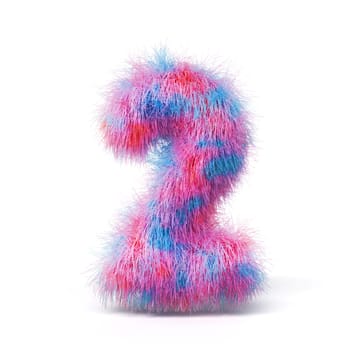 Blue pink fur font Number 2 TWO 3D rendering illustration isolated on white background