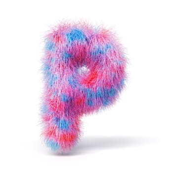 Blue pink fur font Letter P 3D rendering illustration isolated on white background