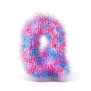 Blue pink fur font Letter Q 3D rendering illustration isolated on white background