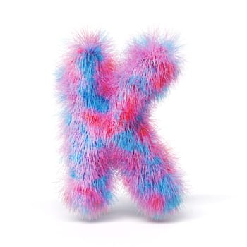Blue pink fur font Letter K 3D rendering illustration isolated on white background
