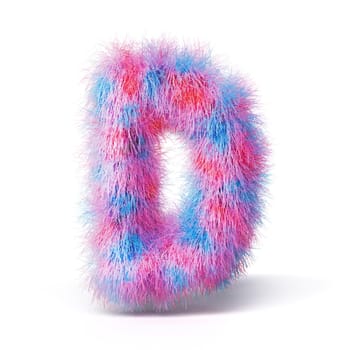 Blue pink fur font Letter D 3D rendering illustration isolated on white background