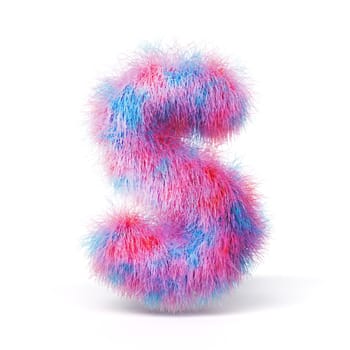Blue pink fur font Letter S 3D rendering illustration isolated on white background