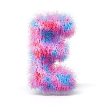 Blue pink fur font Letter E 3D rendering illustration isolated on white background