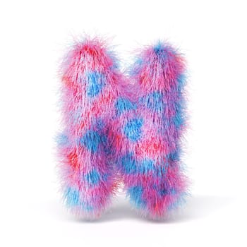 Blue pink fur font Letter N 3D rendering illustration isolated on white background